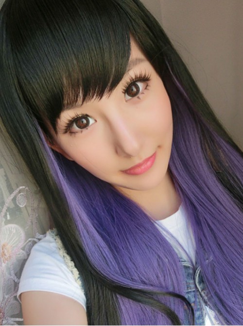 Black Purple Long Curls Lolita Wig