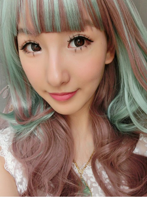 Cyan Rosy Brown Curls Lolita Short Wig