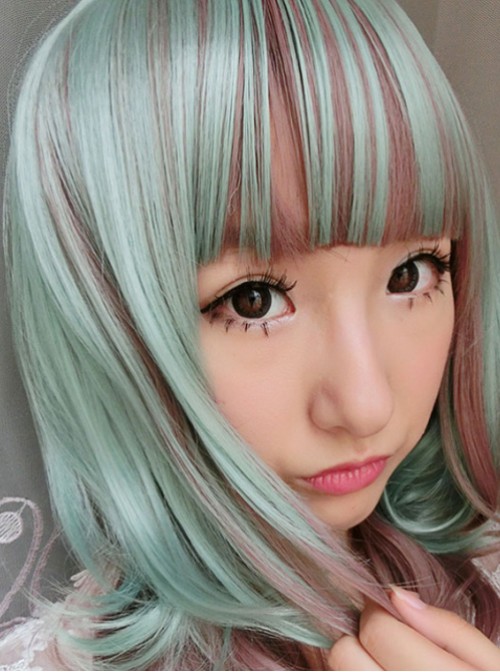 Cyan Rosy Brown Curls Lolita Short Wig