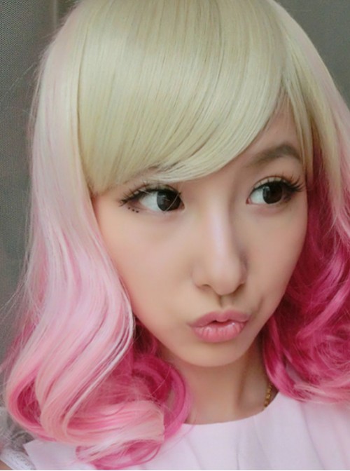 Light Yellow Pink Sweet Short Lolita Wig