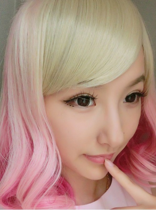 Light Yellow Pink Sweet Short Lolita Wig