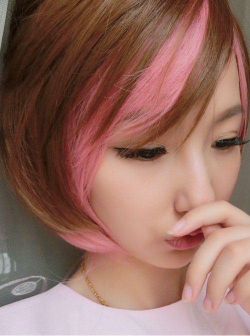 Girl's Sweet Brown Pink Lolita Short Wig