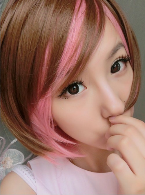 Girl's Sweet Brown Pink Lolita Short Wig