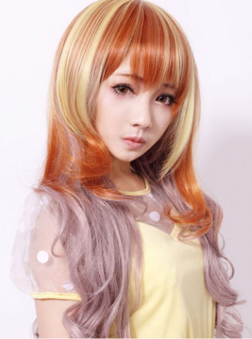 Sweet Housemaid Brown Light Yellow Rosy Brown Long Curls Cosplay Wig