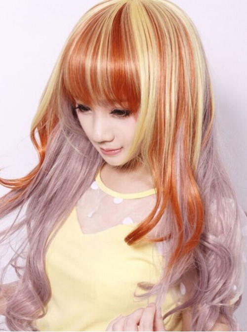 Sweet Housemaid Brown Light Yellow Rosy Brown Long Curls Cosplay Wig