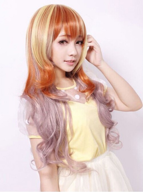 Sweet Housemaid Brown Light Yellow Rosy Brown Long Curls Cosplay Wig