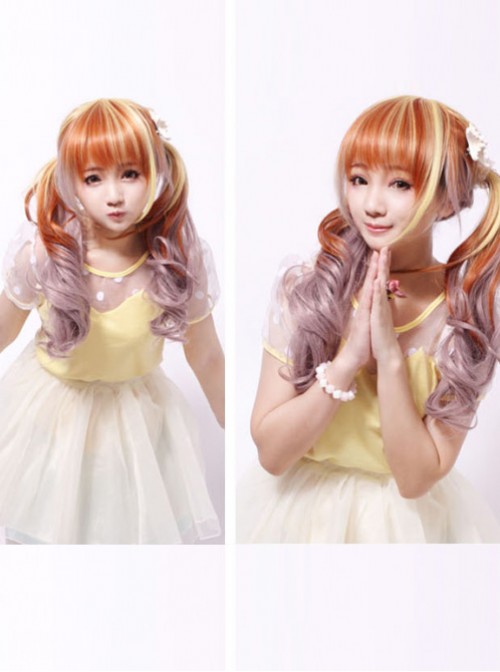 Sweet Housemaid Brown Light Yellow Rosy Brown Long Curls Cosplay Wig