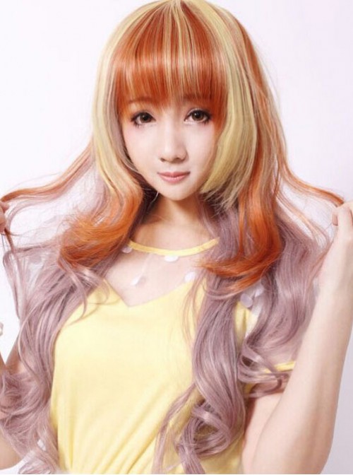 Sweet Housemaid Brown Light Yellow Rosy Brown Long Curls Cosplay Wig