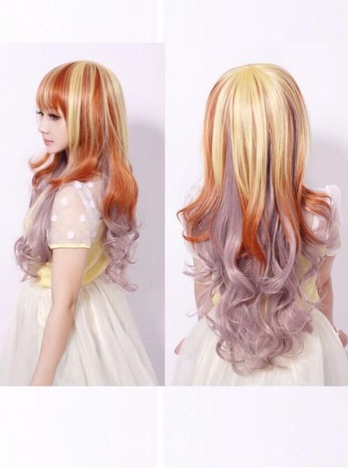 Sweet Housemaid Brown Light Yellow Rosy Brown Long Curls Cosplay Wig