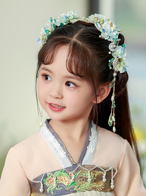 China Style Blue Flowers Super Fairy Hanfu Tassel Hairpin Kids Hair Accessories Set