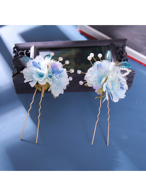 China Style Blue Flowers Super Fairy Hanfu Tassel Hairpin Kids Hair Accessories Set