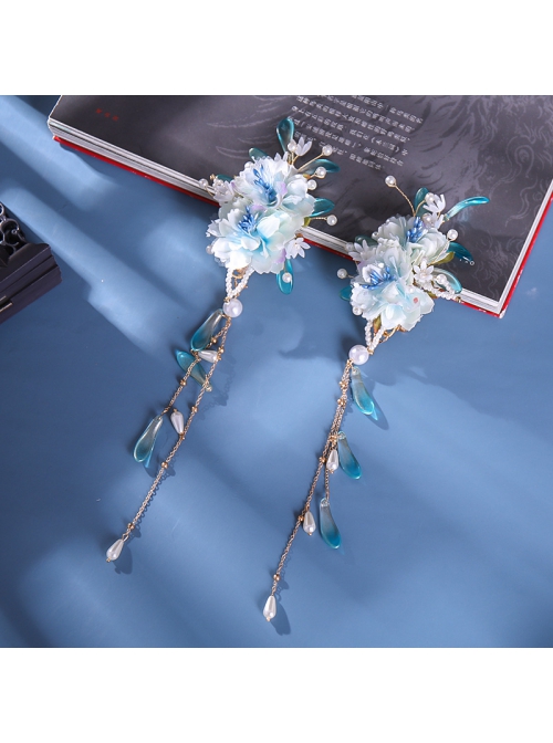 China Style Blue Flowers Super Fairy Hanfu Tassel Hairpin Kids Hair Accessories Set