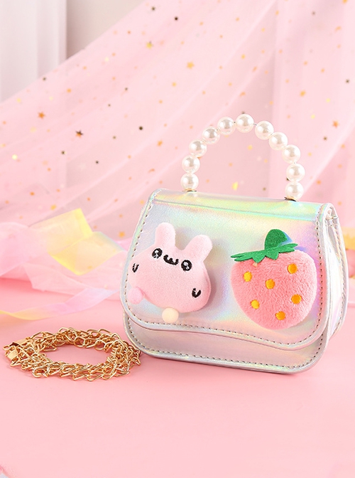 Cute Cotton Velvet Rabbit Strawberry Shiny PU Leather Pearl Sweet Lolita Kids Handheld Crossbody Chain Bag