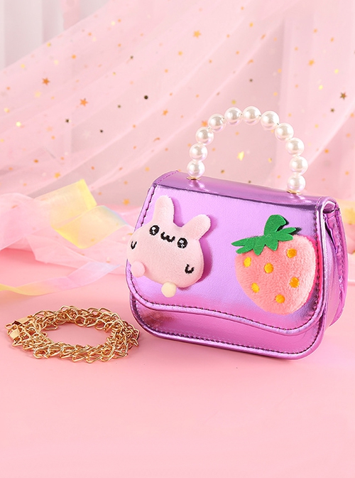 Cute Cotton Velvet Rabbit Strawberry Shiny PU Leather Pearl Sweet Lolita Kids Handheld Crossbody Chain Bag