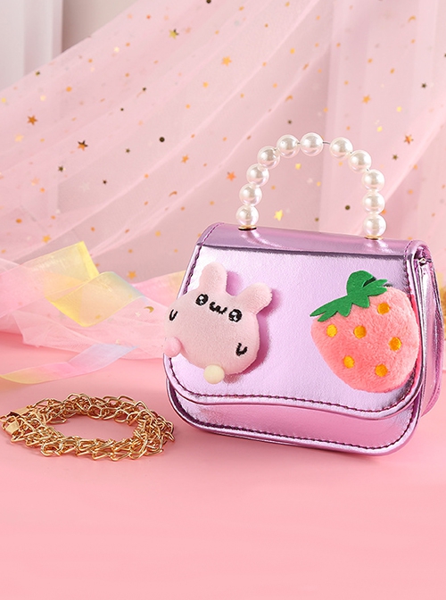 Cute Cotton Velvet Rabbit Strawberry Shiny PU Leather Pearl Sweet Lolita Kids Handheld Crossbody Chain Bag