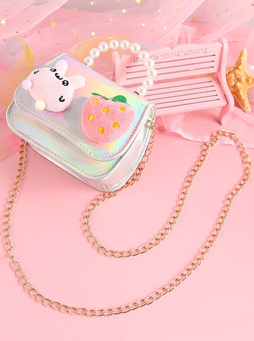 Cute Cotton Velvet Rabbit Strawberry Shiny PU Leather Pearl Sweet Lolita Kids Handheld Crossbody Chain Bag