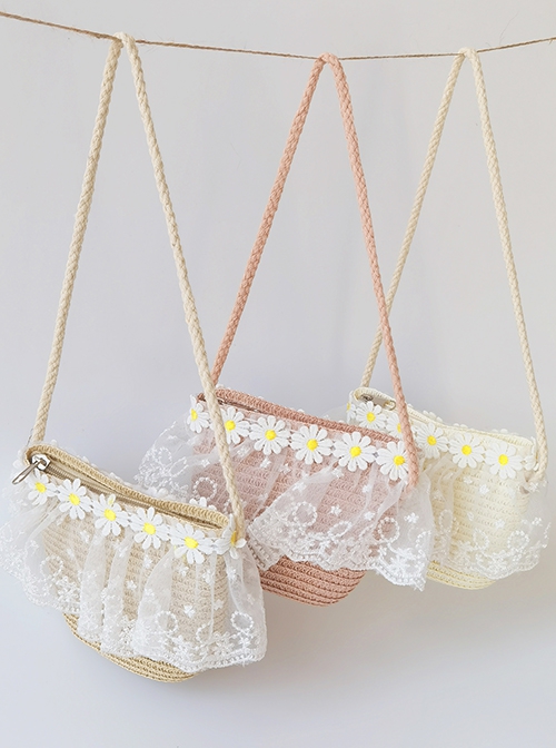 Small Fresh Mini Straw Lace Flower Classic Lolita Kids Messenger Bag