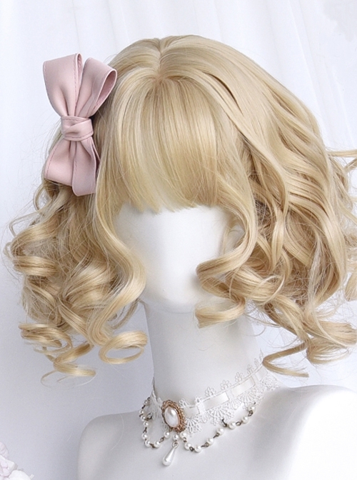 Light Gold Cute Retro Doll Wave Roll Air Bangs Classic Lolita Short Hair Wig