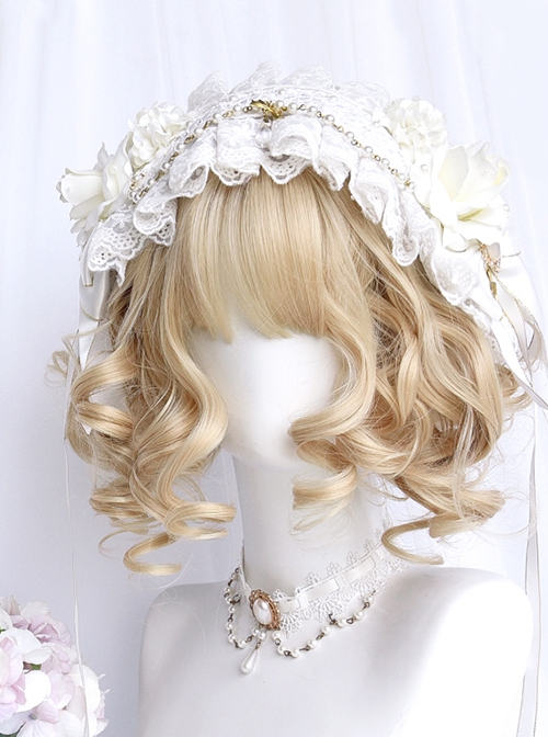 Light Gold Cute Retro Doll Wave Roll Air Bangs Classic Lolita Short Hair Wig