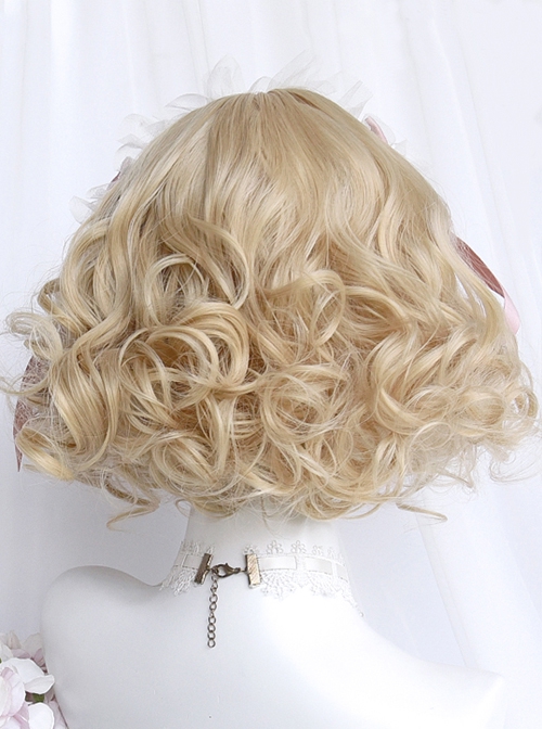 Light Gold Cute Retro Doll Wave Roll Air Bangs Classic Lolita Short Hair Wig