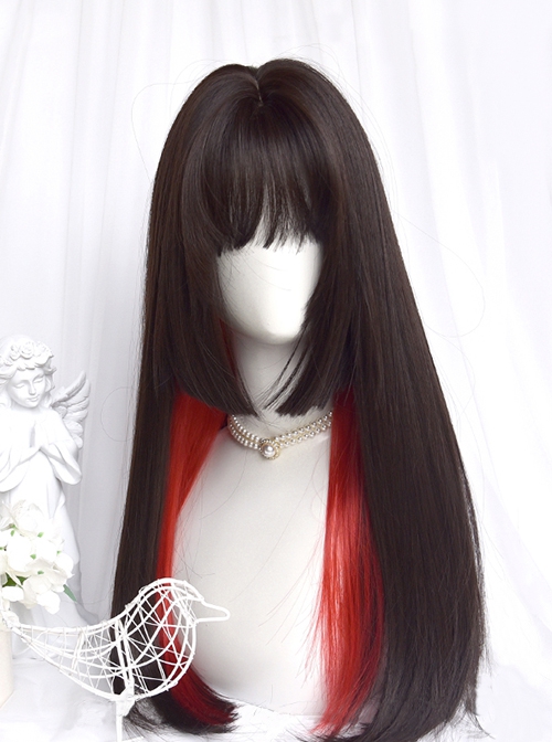 Hearts Q Black Daily Air Bangs Princess Cut Long Straight Hair Red Hair Classic Lolita Wig