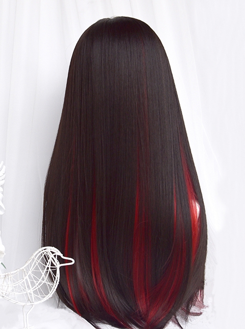 Hearts Q Black Daily Air Bangs Princess Cut Long Straight Hair Red Hair Classic Lolita Wig