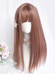 Oolong Peach Series Pink Round Face Natural Air Bangs Medium Long Straight Hair Classic Lolita Wig