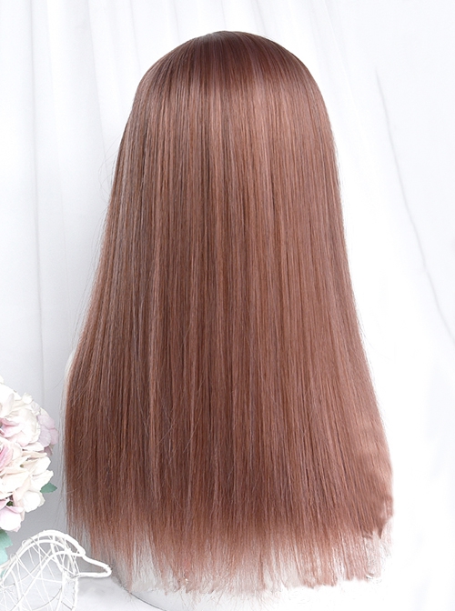 Oolong Peach Series Pink Round Face Natural Air Bangs Medium Long Straight Hair Classic Lolita Wig