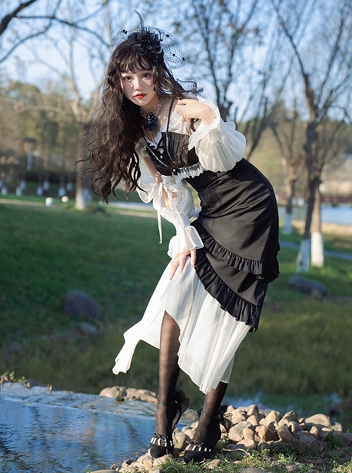 Slim-Fit Spaghetti Straps Smocked Ruffle Irregular Hem Fishtail Gothic Lolita Dress