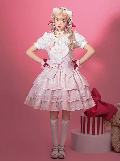 Cream Cat Series Cute Soft Girl Daily Ruffled Bow Kitten Print Sweet Lolita Dress