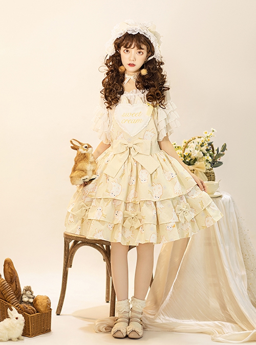 Cream Cat Series Cute Soft Girl Daily Ruffled Bow Kitten Print Sweet Lolita Dress