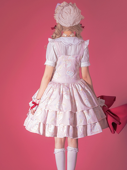 Cream Cat Series Cute Soft Girl Everyday Ruffled Bow Kitten Print Sweet Lolita Dress