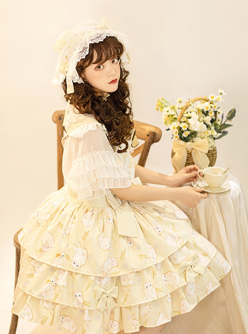 Cream Cat Series Cute Soft Girl Daily Ruffled Bow Kitten Print Sweet Lolita Dress