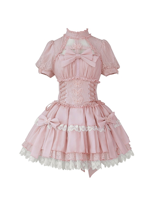 Butterfly Cross Dream Series Girls Turtleneck Solid Color Hollow Lace Bow-Knot Frenulum Short Sleeve Sweet Lolita Dress