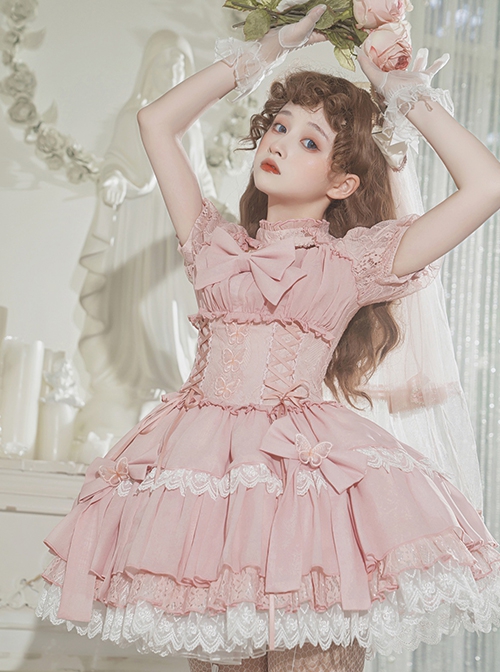 Butterfly Cross Dream Series Girls Turtleneck Solid Color Hollow Lace Bow-Knot Frenulum Short Sleeve Sweet Lolita Dress