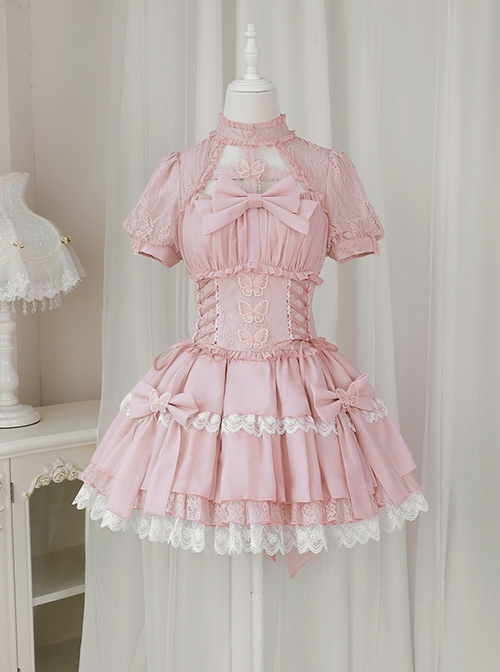 Butterfly Cross Dream Series Girls Turtleneck Solid Color Hollow Lace Bow-Knot Frenulum Short Sleeve Sweet Lolita Dress