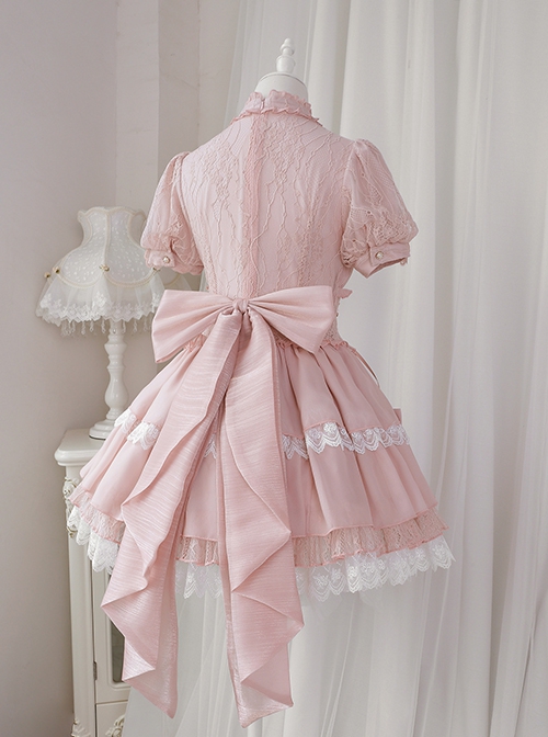 Butterfly Cross Dream Series Girls Turtleneck Solid Color Hollow Lace Bow-Knot Frenulum Short Sleeve Sweet Lolita Dress