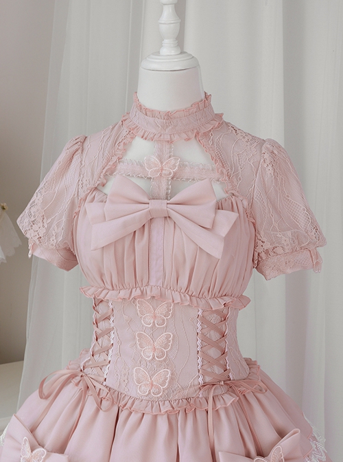 Butterfly Cross Dream Series Girls Turtleneck Solid Color Hollow Lace Bow-Knot Frenulum Short Sleeve Sweet Lolita Dress