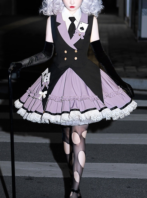 Black-Purple Cute Sweet Handsome Cool Metal Decoration Solitaire Bow-Knot Swallowtail Sleeveless Punk Lolita Dress