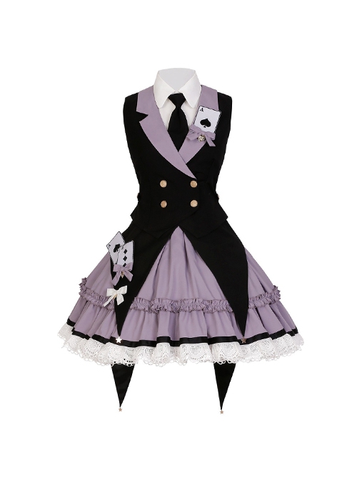 Black-Purple Cute Sweet Handsome Cool Metal Decoration Solitaire Bow-Knot Swallowtail Sleeveless Punk Lolita Dress