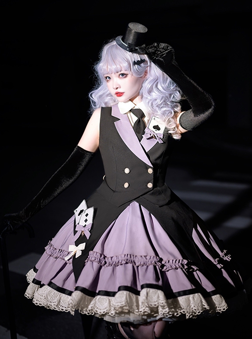 Black-Purple Cute Sweet Handsome Cool Metal Decoration Solitaire Bow-Knot Swallowtail Sleeveless Punk Lolita Dress