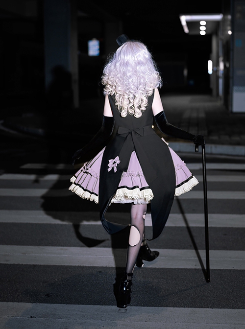 Black-Purple Cute Sweet Handsome Cool Metal Decoration Solitaire Bow-Knot Swallowtail Sleeveless Punk Lolita Dress