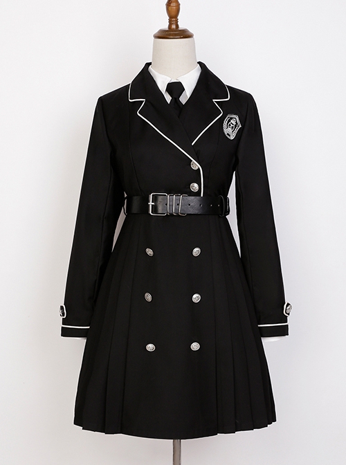 Solid Color Handsome Cool Metal Decoration Waist Belt Long Sleeve School Lolita Dresses