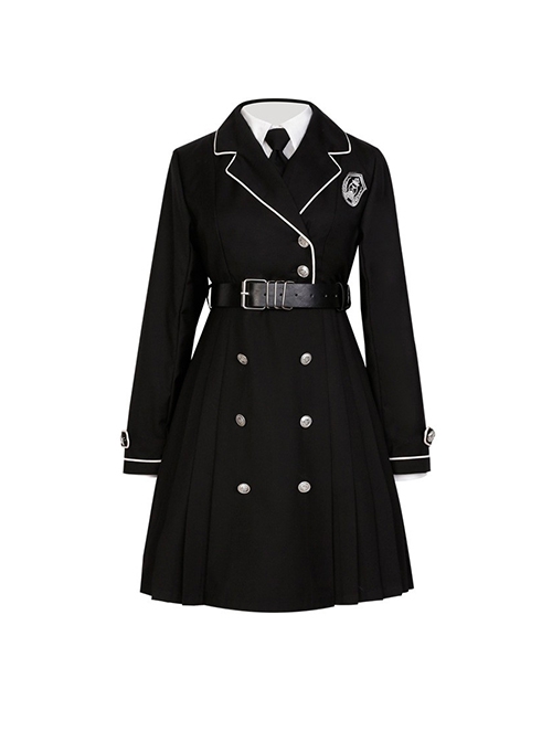 Solid Color Handsome Cool Metal Decoration Waist Belt Long Sleeve School Lolita Dresses