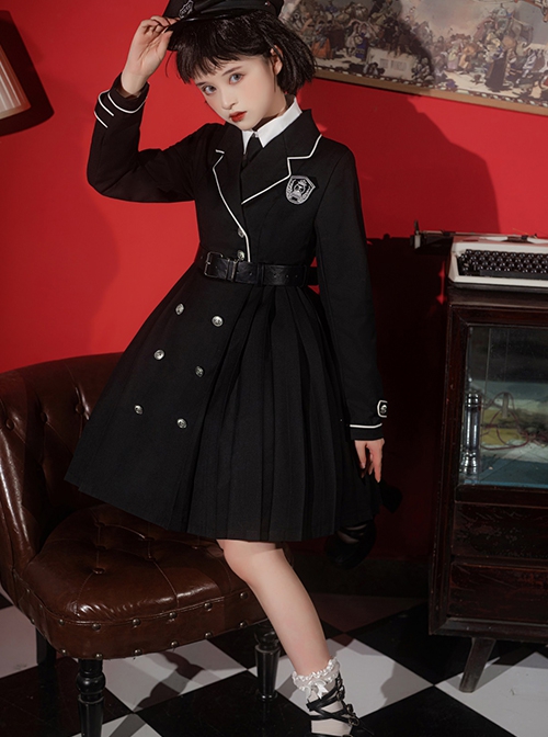 Solid Color Handsome Cool Metal Decoration Waist Belt Long Sleeve School Lolita Dresses