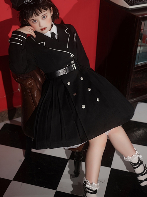 Solid Color Handsome Cool Metal Decoration Waist Belt Long Sleeve School Lolita Dresses