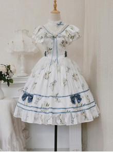 Ukiyo Flower Series Elegant Turtleneck Ruffle Print Lace Bow-Knot Frenulum Short Sleeve Classic Lolita Dress