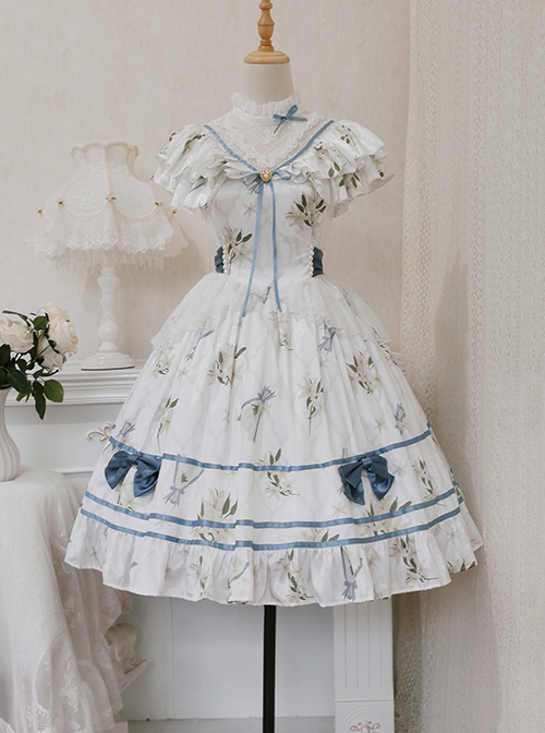 Ukiyo Flower Series Elegant Turtleneck Ruffle Print Lace Bow-Knot Frenulum Sleeveless Classic Lolita Dress