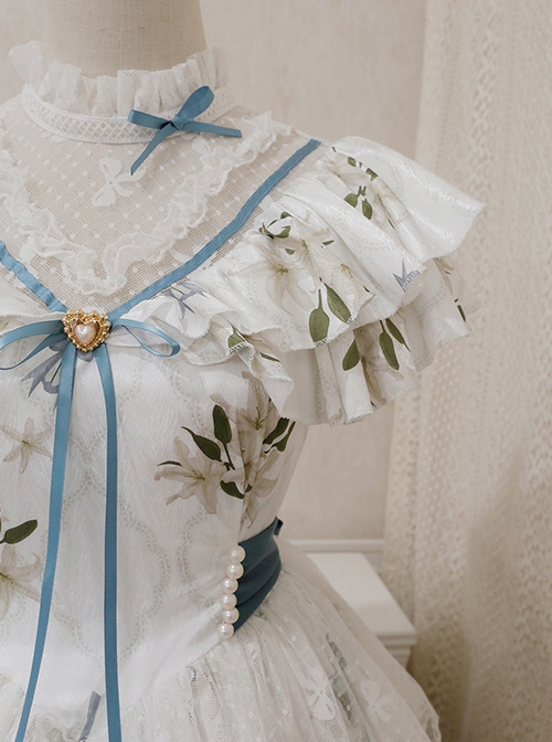 Ukiyo Flower Series Elegant Turtleneck Ruffle Print Lace Bow-Knot Frenulum Sleeveless Classic Lolita Dress