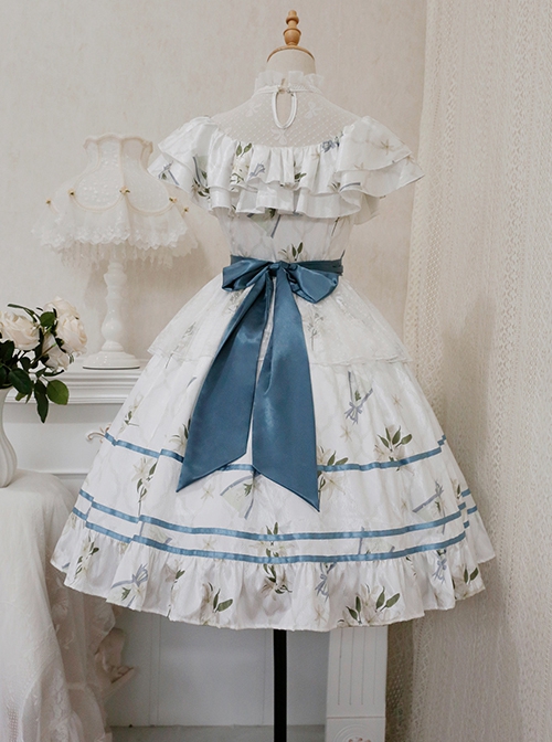 Ukiyo Flower Series Elegant Turtleneck Ruffle Print Lace Bow-Knot Frenulum Sleeveless Classic Lolita Dress